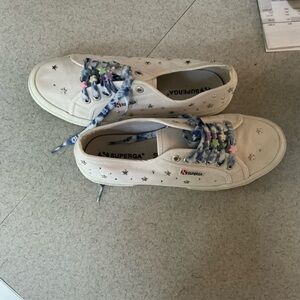 Superga White Sneakers with Star Details and Colorful Laces
